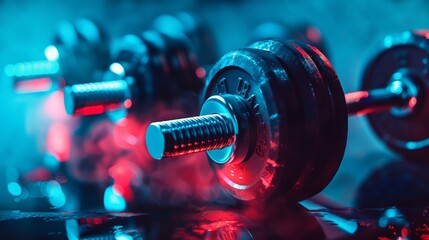 simple gym background of dumbell weights closeup - obrazy, fototapety, plakaty