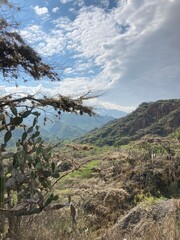 pasaje hermoso de árbol montañas y cielo con nubes blancas