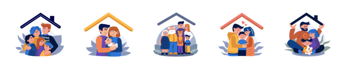 Set of happy families under roofs on white background
