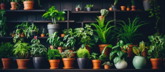 A collection of beautiful indoor green plants growing in various pots placed neatly on a shelf, adding a touch of nature to the indoor space. - obrazy, fototapety, plakaty