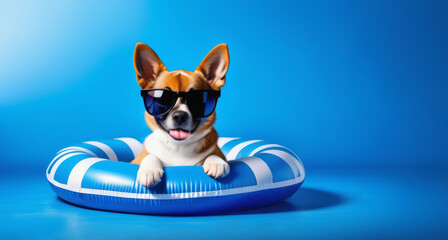 Happy pet  in the swimming pool on blue studio background. Care and Vacation consept