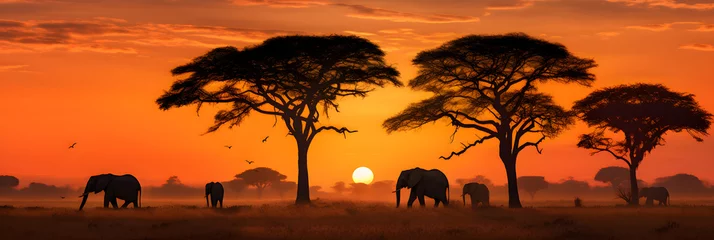 Fototapeten Her Majesty's Court: The Majesty of African Elephants Migrating Across Twilight Savannah © Adeline