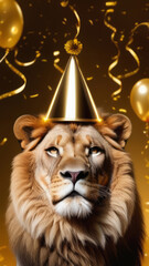 A happy birthday vertical card with a lion in a golden party hat and a backdrop of confetti in gold.