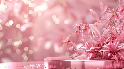 Pink podium background for product. Symbols of love for women's holiday or Valentine's Day. 3D rendering. Product display.