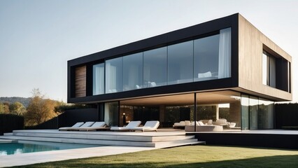 Modern villa with a minimalist exterior, incorporating clean lines and large glass panels