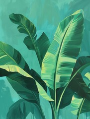 A painting depicting a banana plant with vibrant green leaves, showcasing the plants tropical beauty.