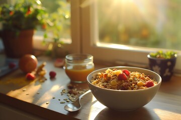 Gesundes Müsli am Morgen, Haferflocken mit Obst in der Küche, Konzept gesunde Ernährung,...