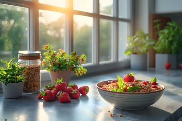 Gesundes Müsli am Morgen, Haferflocken mit Obst in der Küche, Konzept gesunde Ernährung, gesundes Frühstück - obrazy, fototapety, plakaty