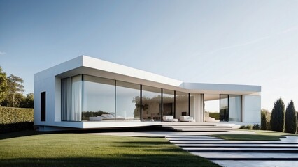 Modern villa with a minimalist exterior, incorporating clean lines and large glass panels