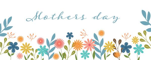 Greeting banner with text MOTHER'S DAY and many flowers on white background