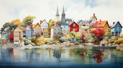 Picturesque waterfront village with an array of colorful houses and foliage reflecting on the calm water surface. Watercolor painting illustration. - obrazy, fototapety, plakaty