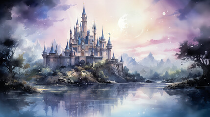Fototapeta premium Fantasy digital painting of an enchanted castle by a moonlit lake with a mystical purple and pink sky backdrop. Watercolor painting illustration.