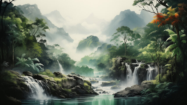 A serene landscape depicting waterfalls amidst misty mountains surrounded by dense, vibrant greenery. Watercolor painting illustration.