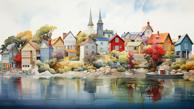 Picturesque waterfront village with an array of colorful houses and foliage reflecting on the calm water surface. Watercolor painting illustration.