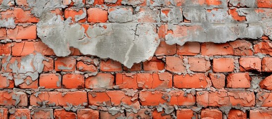 An up-close view of a damaged textured red brick wall with a visible crack in the middle.