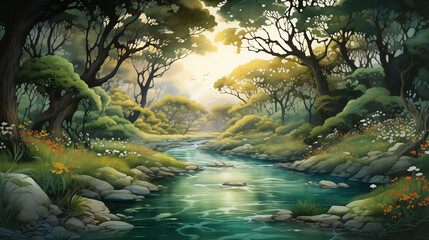 Flowing gently over rocks, a peaceful stream meanders through a lush, green forest, with hazy...