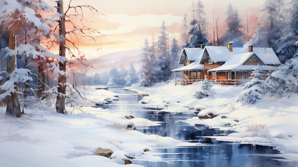 A cozy cabin sits beside a frozen creek in a snow-covered winter landscape during a tranquil sunset. Watercolor painting illustration.