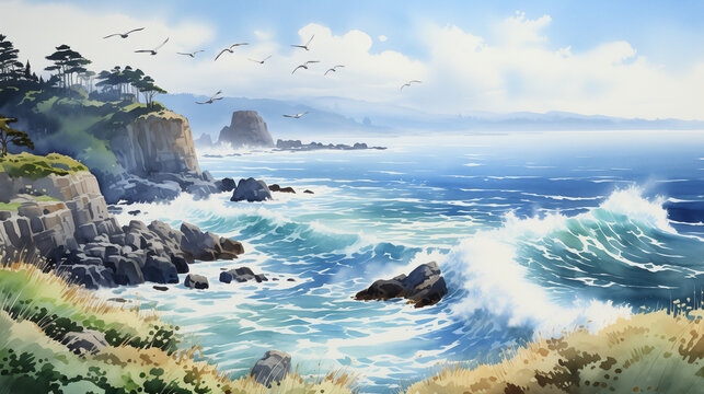 A watercolor painting capturing seagulls in flight above tumultuous ocean waves crashing against rugged cliffs. Watercolor painting illustration.