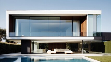 Modern villa with a minimalist exterior, incorporating clean lines and large glass panels