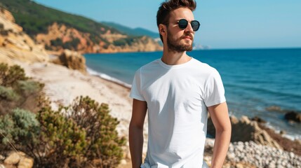 white blank mockup of a t-shirt bella - canvas 3001 with male model, beach background 
