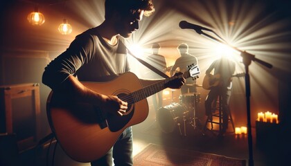 Obraz premium Acoustic Guitar Performance on Intimate Stage.
