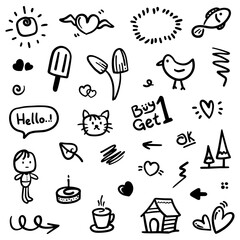 hand drawn Doodle abstract of Black Thin Line Set Include of objects and nature in Vector illustration