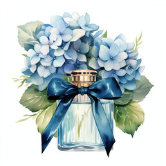 Watercolor Perfume with Blue Hydrangea Flowers Illustration. Luxury Perfume Bottle with Ribbon Bow Flower Clip Art. Spring and Summer Floral. Isolated On White Background.