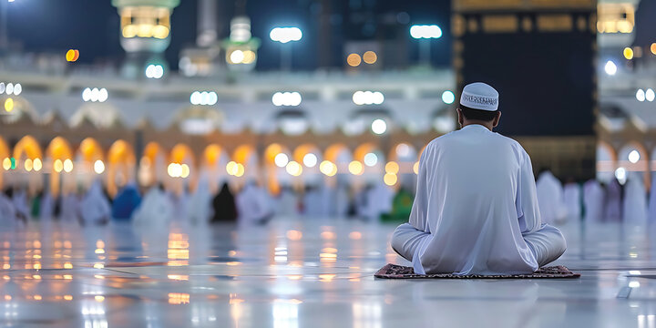 View of 'Masjidil Haram' Mosque in Makkah with people praying in front of Kaaba