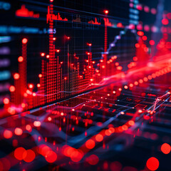 Glowing big data forex candlestick chart on blurred background. Financial graph diagram. Currency and investment trade. Financial crisis, falling stocks  concept. Abstract cryptocurrency banner