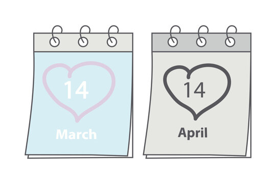 Calendar pages with date 14 March White Day and 14 April Black Day with heart shaped stroke by hand