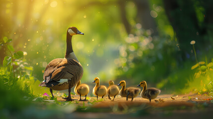 A serene image of a mother goose with her young goslings basking in the warm, dappled sunlight of a green park.
 - obrazy, fototapety, plakaty