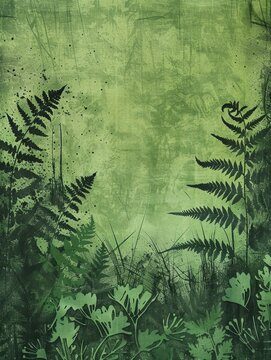 A detailed painting featuring lush green ferns and various plants set against a vibrant green background.
