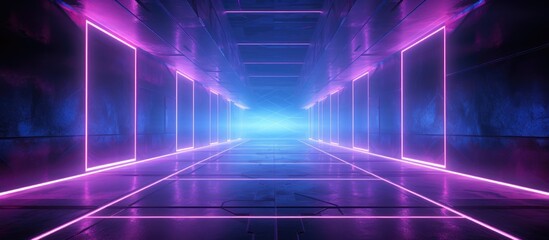 A long corridor illuminated by vibrant neon lights in shades of purple and blue, with a tiled floor and a futuristic feel. The empty space is defined by rectangle-shaped frames of light,
