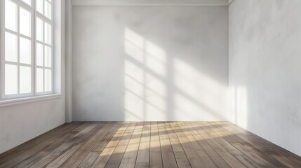 Empty white room, glass windows, combined with the sunlight on the wall.