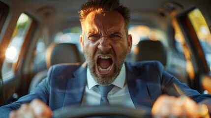 Angry male car driver yells at other drivers and pedestrians who obstruct traffic, mature adult businessman in a business suit is late for a business meeting in a car