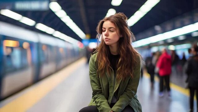cinematic Contemplative girl at a Modern Train Station
