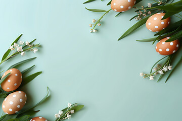 Frame with easter eggs and lily of the valley flowers on pastel blue background. Happy Easter concept. Spring template for greeting card, banner. Top view, flat lay with copy space