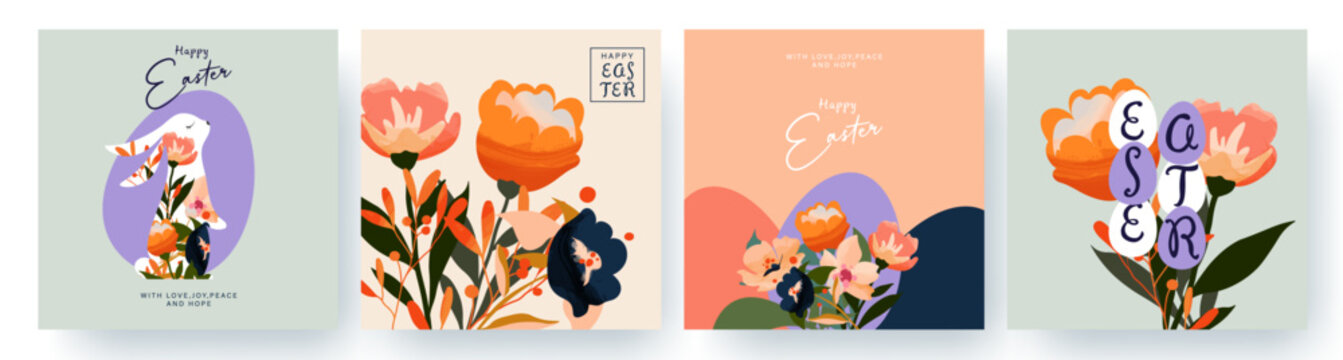  Set of Happy Easter greeting cards with typography, easter rabbit, eggs, roses, floral bouquets, spring flowers compositions. Trendy poster, banner, header or cover for website. Modern art collection