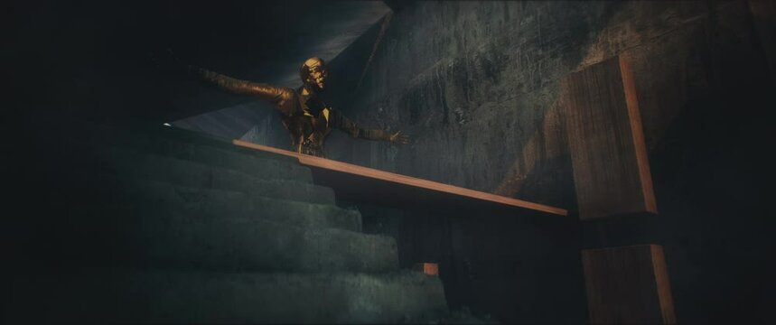 Old crushed statute levitates in the abandoned concrete temple during sunset