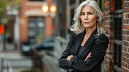 Fototapeta premium Distinguished senior woman with silver hair, confidently posing in a business suit against a brick wall, exuding experience and professionalism.