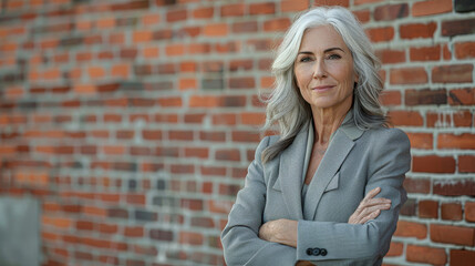 Distinguished senior woman with silver hair, confidently posing in a business suit against a brick wall, exuding experience and professionalism.