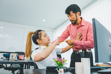 The boss or supervisor is harassing and hurting a female employee. Causing young employees to resist . Concept of sexual harassment in the workplace