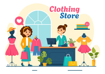 Clothing Store Vector Illustration by Shopping for Clothes or Dresses for Fashion Styles Women or Men in Flat Cartoon Background Design