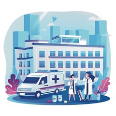 Fototapeta na wymiar Medical personnel standing near hospital building and ambulance, syringes, stethoscopes and medicine bottles around. Doctor and nurse talking medical clinic concept Vector illustration