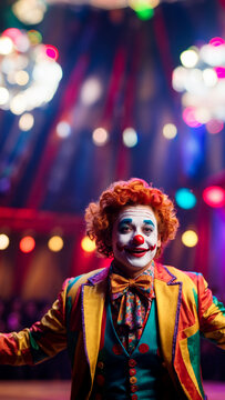um palhaço multicolorido se apresenta no centro do circo, sob a luz dos holofotes