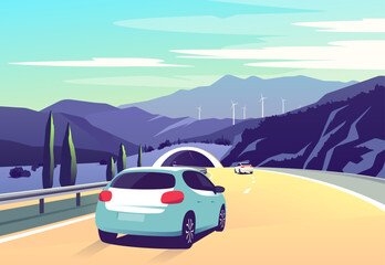Vector illustration with cars driving along a curving road along the mountains with wind turbines - obrazy, fototapety, plakaty