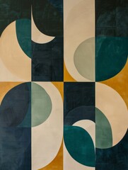 A painting featuring a geometric design with vibrant blue, yellow, and green colors creating a visually striking composition.