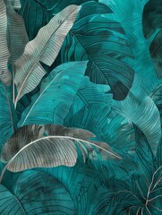 A painting featuring green leaves against a vibrant blue background creates a striking contrast and a fresh, natural aesthetic.