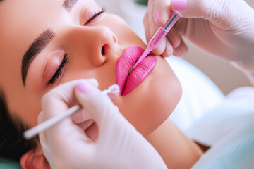 Obraz na płótnie Canvas Beautician cosmetologist doing make up for hispanic girl in beauty salon