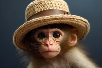 Foto op Canvas a monkey, cute, adorable, monkey wearing a hat © Salawati